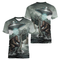Bigfoot Loch Ness Monster UFO Believe Personalized Women V-Neck T-Shirt World Cryptids Gothic Style