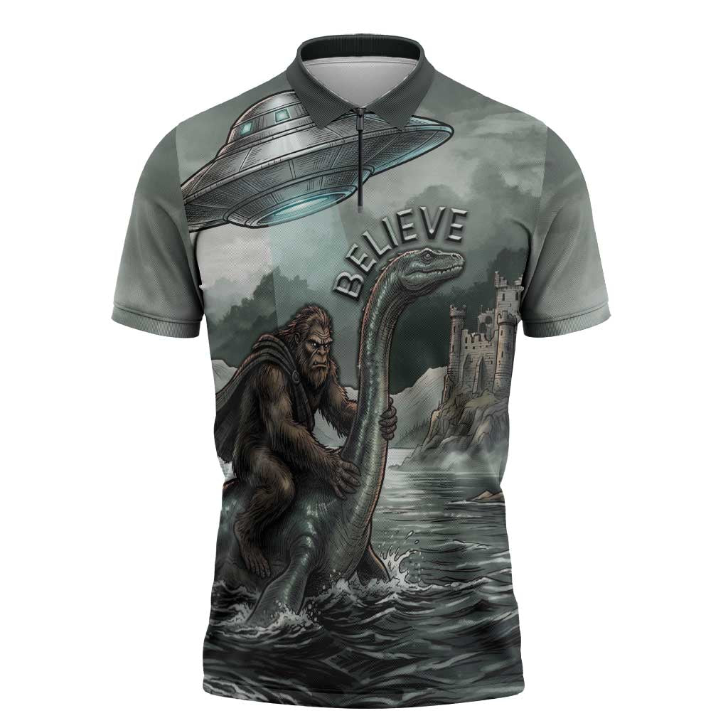 Bigfoot Loch Ness Monster UFO Believe Personalized Zipper Polo Shirt World Cryptids Gothic Style