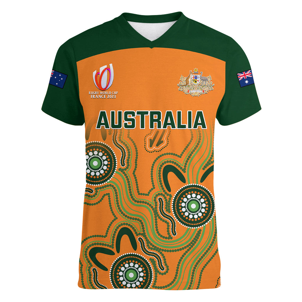 Australia Rugby Women V Neck T Shirt 2023 Go Wallabies Aboriginal World Cup - Wonder Print Shop