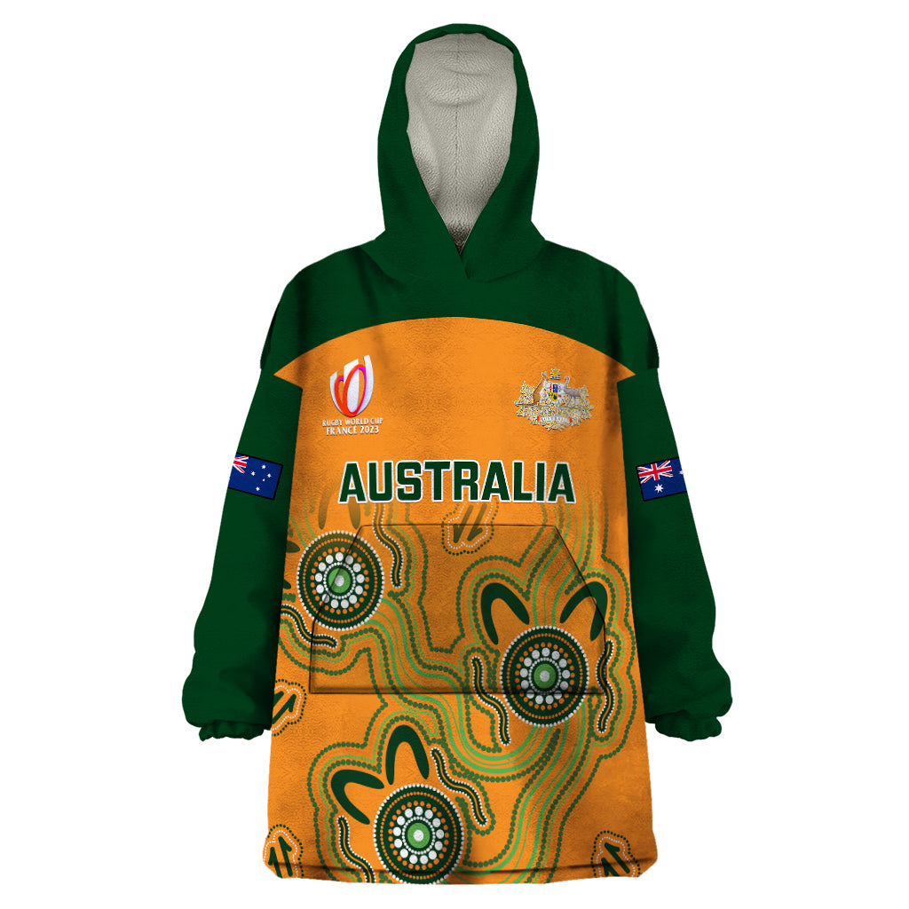 Personalised Australia Rugby Wearable Blanket Hoodie 2023 Go Wallabies Aboriginal World Cup - Wonder Print Shop