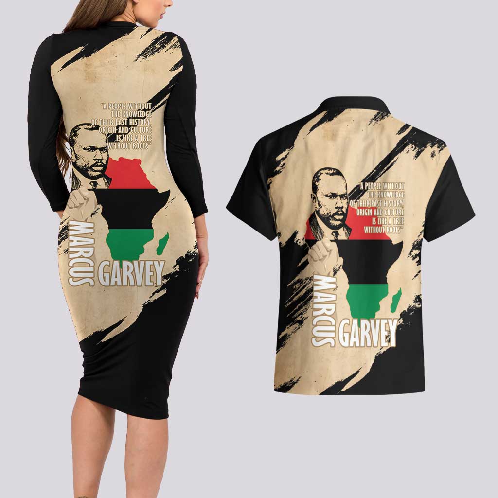 Marcus Garvey Day Couples Matching Long Sleeve Bodycon Dress and Hawaiian Shirt UNIA Flag Mix African Map - Wonder Print Shop