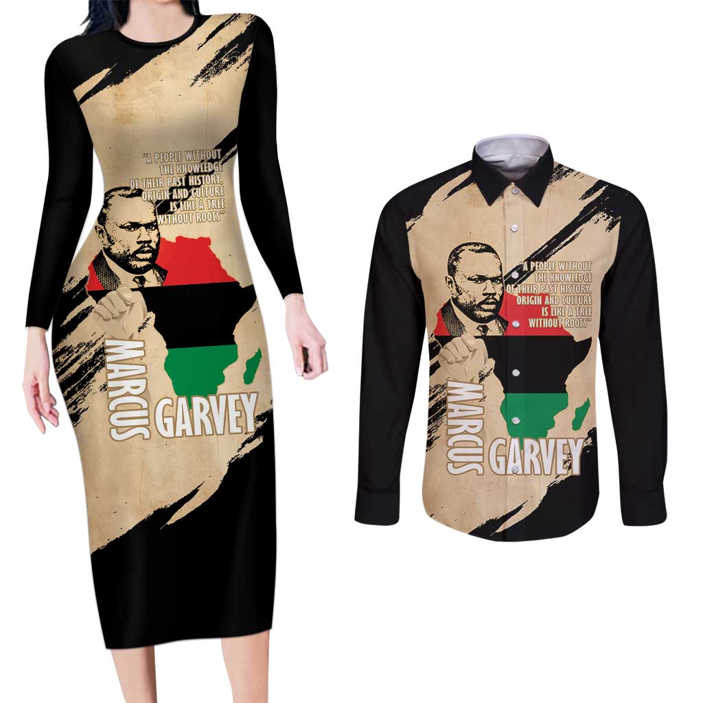 Marcus Garvey Day Couples Matching Long Sleeve Bodycon Dress and Long Sleeve Button Shirt UNIA Flag Mix African Map - Wonder Print Shop