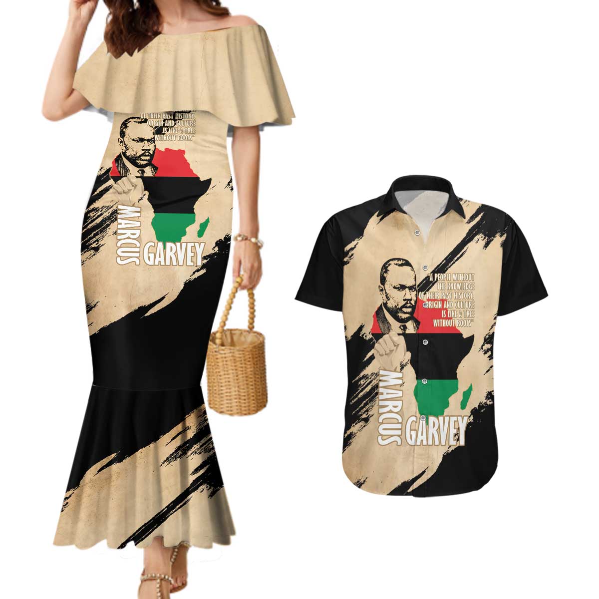 Marcus Garvey Day Couples Matching Mermaid Dress and Hawaiian Shirt UNIA Flag Mix African Map - Wonder Print Shop