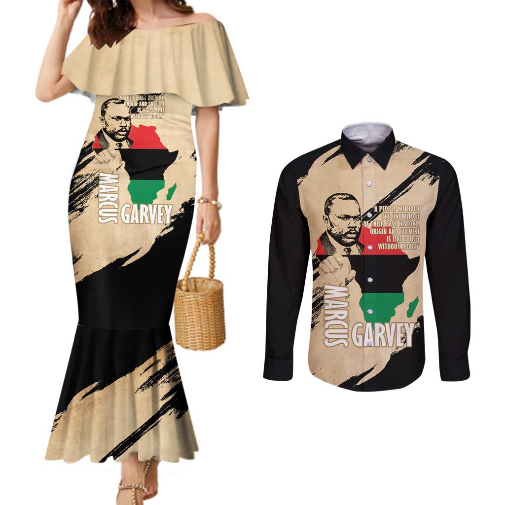 Marcus Garvey Day Couples Matching Mermaid Dress and Long Sleeve Button Shirt UNIA Flag Mix African Map - Wonder Print Shop