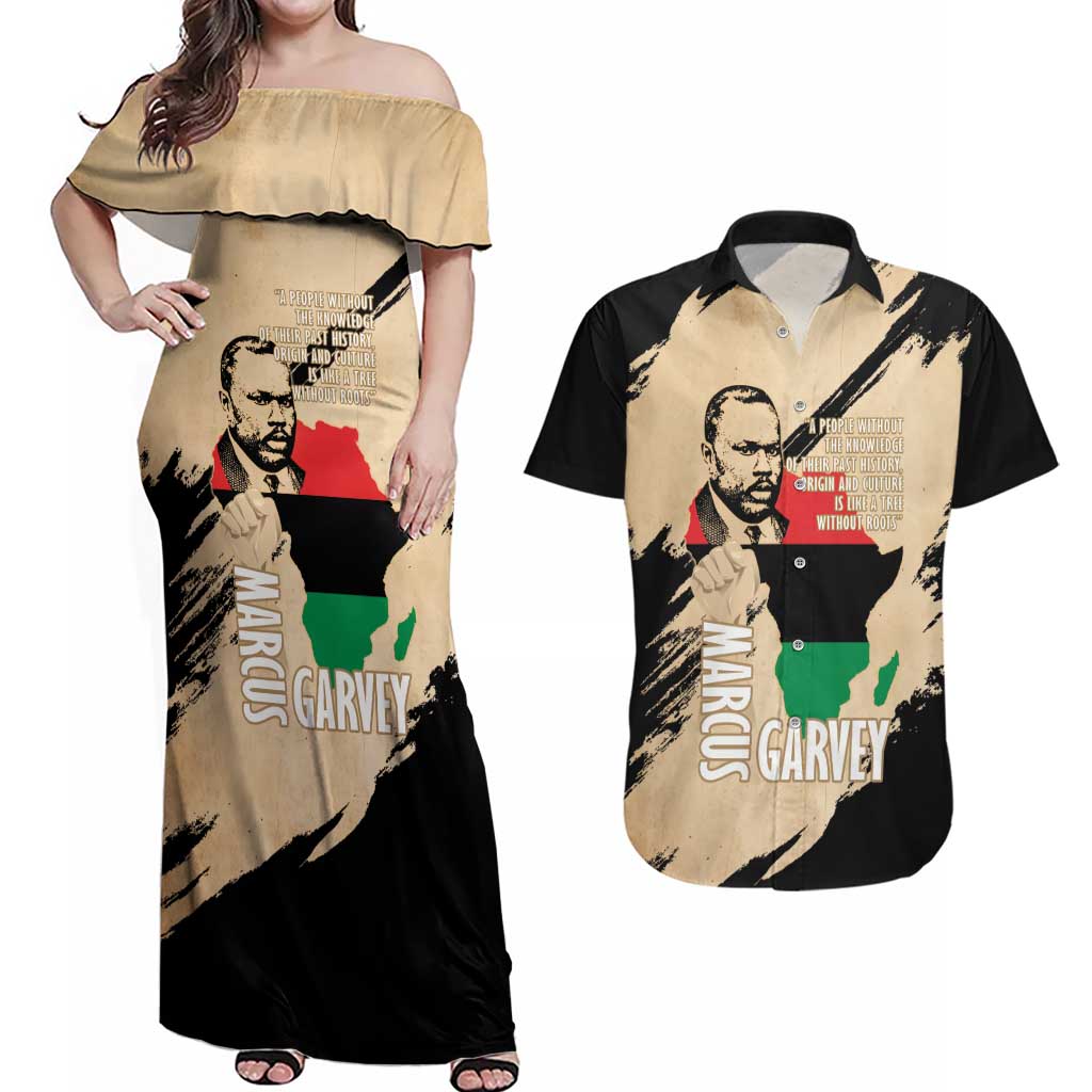 Marcus Garvey Day Couples Matching Off Shoulder Maxi Dress and Hawaiian Shirt UNIA Flag Mix African Map - Wonder Print Shop
