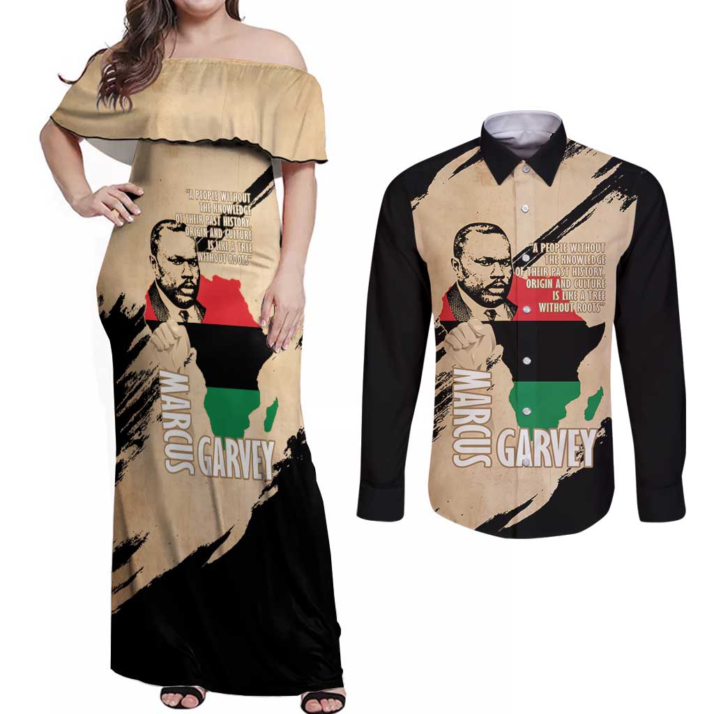 Marcus Garvey Day Couples Matching Off Shoulder Maxi Dress and Long Sleeve Button Shirt UNIA Flag Mix African Map - Wonder Print Shop