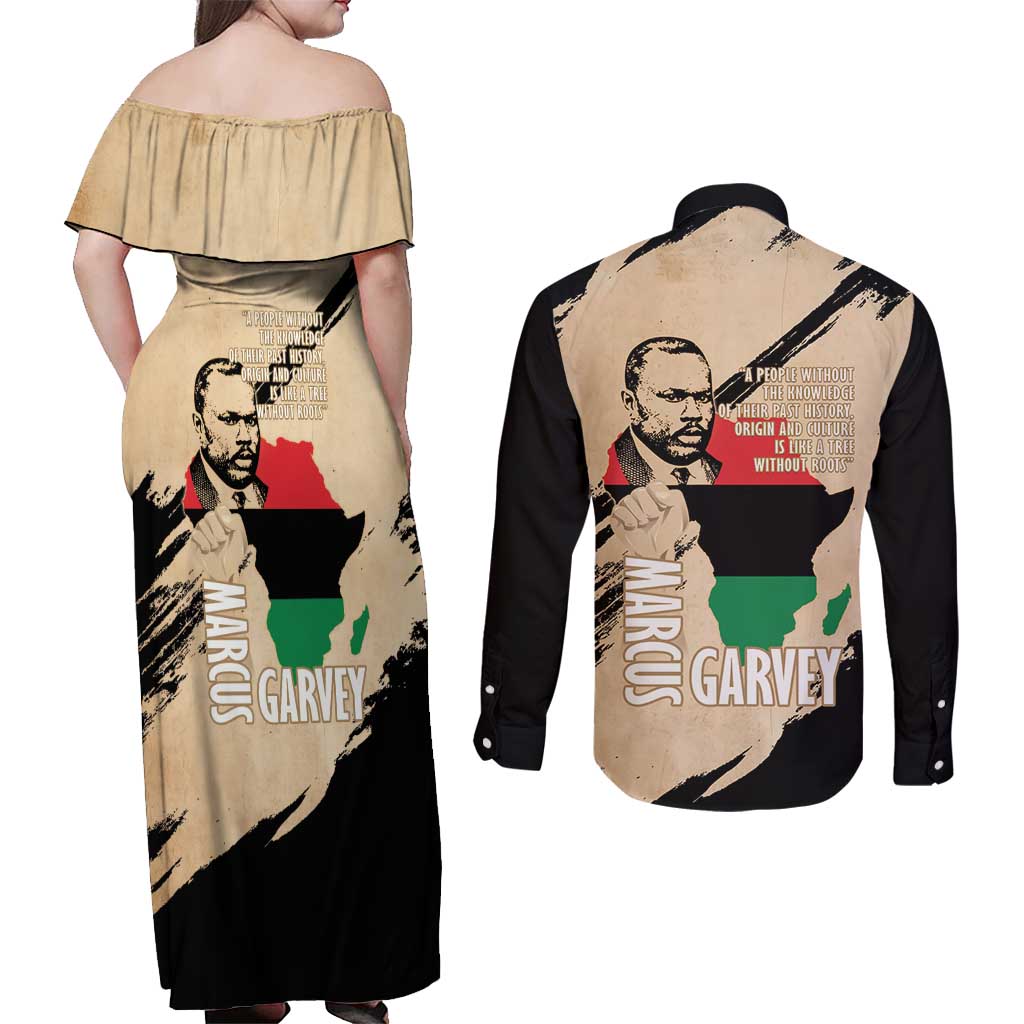 Marcus Garvey Day Couples Matching Off Shoulder Maxi Dress and Long Sleeve Button Shirt UNIA Flag Mix African Map - Wonder Print Shop