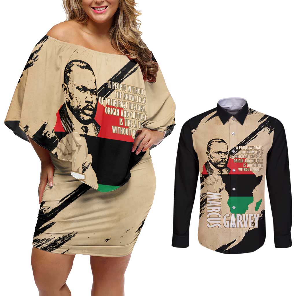 Marcus Garvey Day Couples Matching Off Shoulder Short Dress and Long Sleeve Button Shirt UNIA Flag Mix African Map - Wonder Print Shop