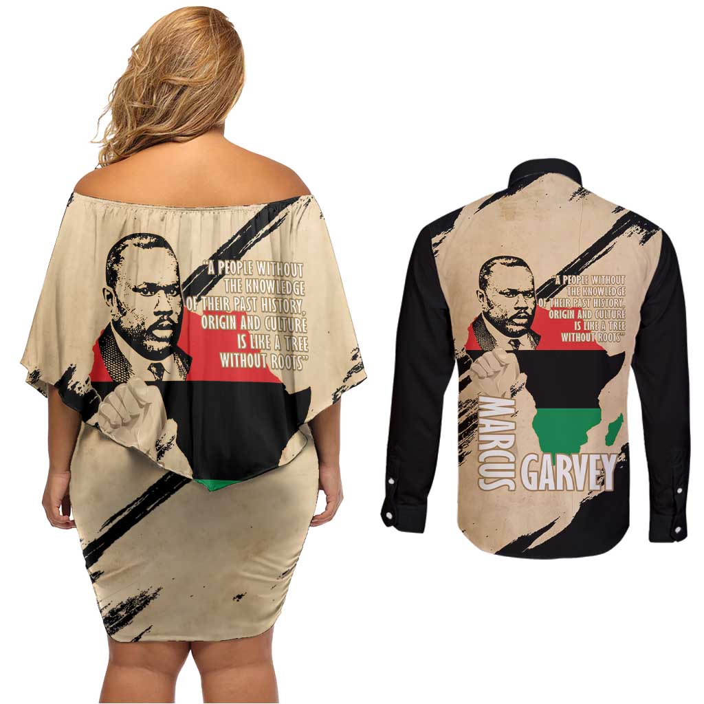 Marcus Garvey Day Couples Matching Off Shoulder Short Dress and Long Sleeve Button Shirt UNIA Flag Mix African Map - Wonder Print Shop