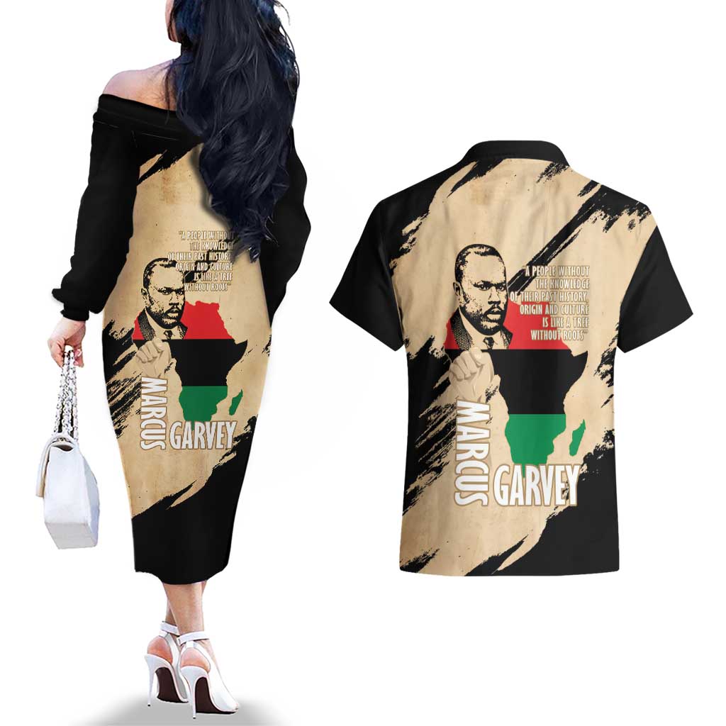 Marcus Garvey Day Couples Matching Off The Shoulder Long Sleeve Dress and Hawaiian Shirt UNIA Flag Mix African Map - Wonder Print Shop
