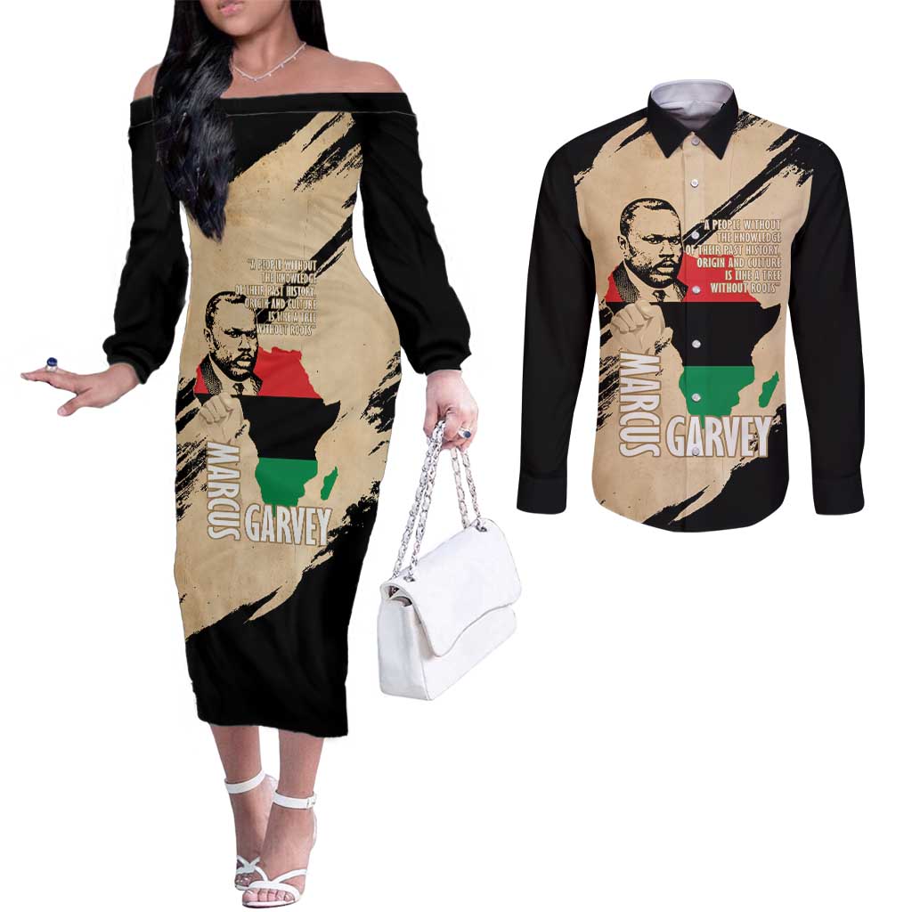 Marcus Garvey Day Couples Matching Off The Shoulder Long Sleeve Dress and Long Sleeve Button Shirt UNIA Flag Mix African Map - Wonder Print Shop