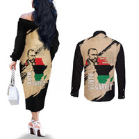 Marcus Garvey Day Couples Matching Off The Shoulder Long Sleeve Dress and Long Sleeve Button Shirt UNIA Flag Mix African Map - Wonder Print Shop
