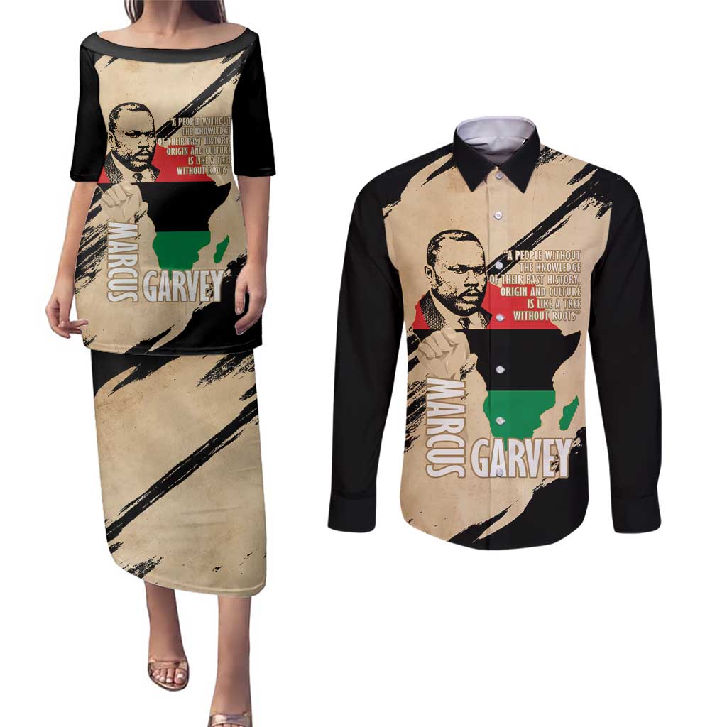 Marcus Garvey Day Couples Matching Puletasi and Long Sleeve Button Shirt UNIA Flag Mix African Map - Wonder Print Shop