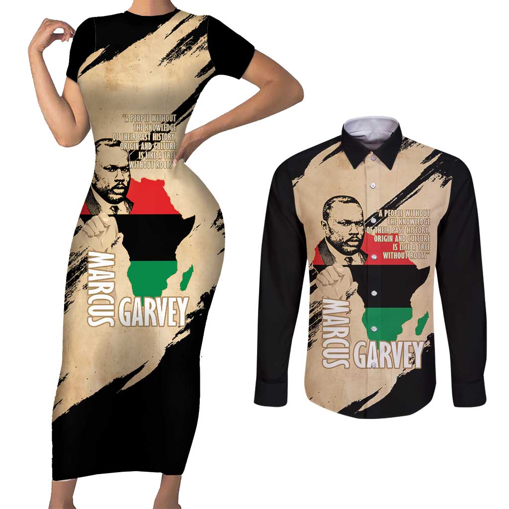 Marcus Garvey Day Couples Matching Short Sleeve Bodycon Dress and Long Sleeve Button Shirt UNIA Flag Mix African Map - Wonder Print Shop
