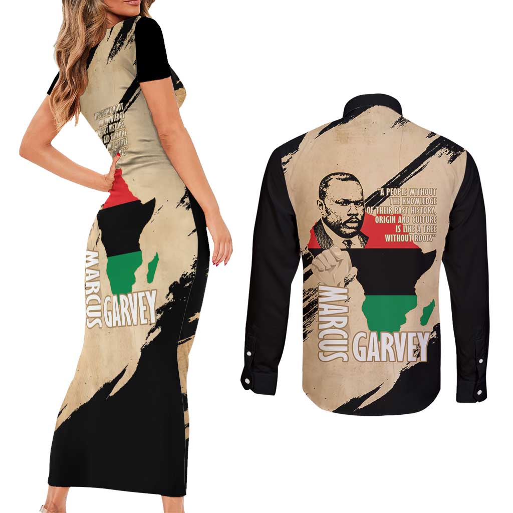 Marcus Garvey Day Couples Matching Short Sleeve Bodycon Dress and Long Sleeve Button Shirt UNIA Flag Mix African Map - Wonder Print Shop