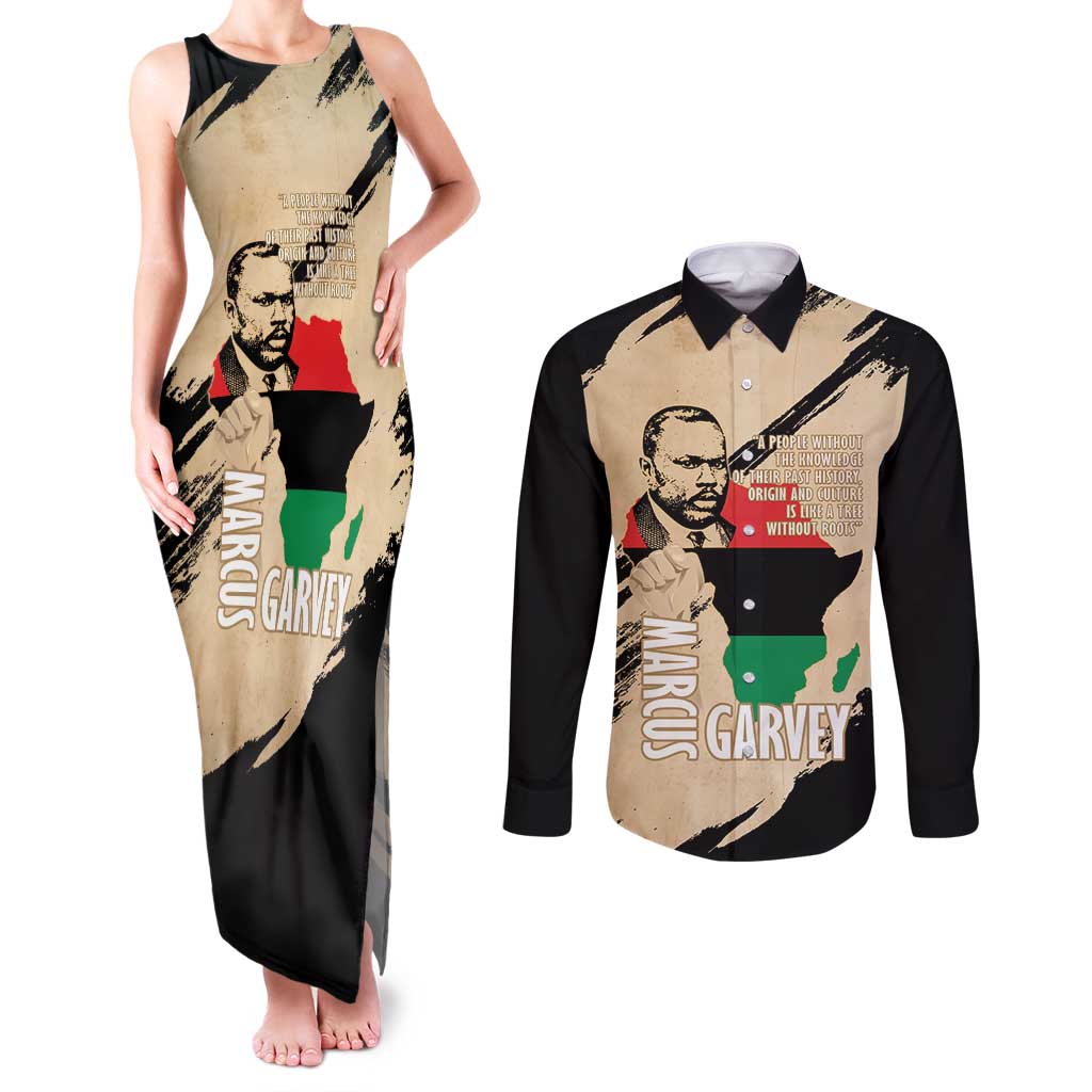 Marcus Garvey Day Couples Matching Tank Maxi Dress and Long Sleeve Button Shirt UNIA Flag Mix African Map - Wonder Print Shop