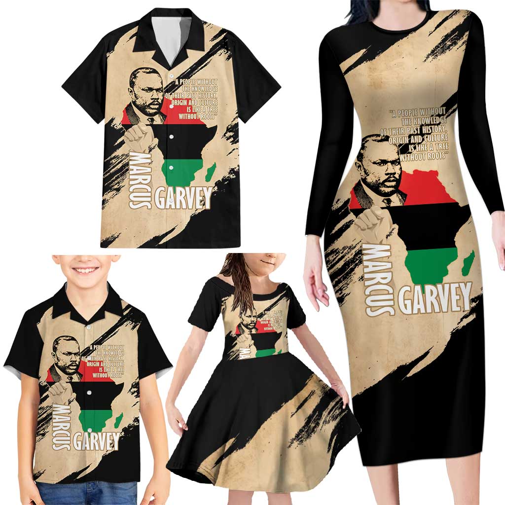 Marcus Garvey Day Family Matching Long Sleeve Bodycon Dress and Hawaiian Shirt UNIA Flag Mix African Map - Wonder Print Shop
