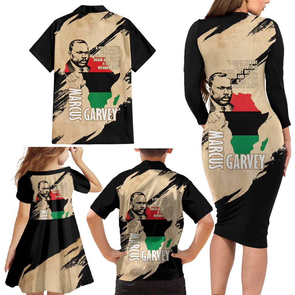 Marcus Garvey Day Family Matching Long Sleeve Bodycon Dress and Hawaiian Shirt UNIA Flag Mix African Map - Wonder Print Shop