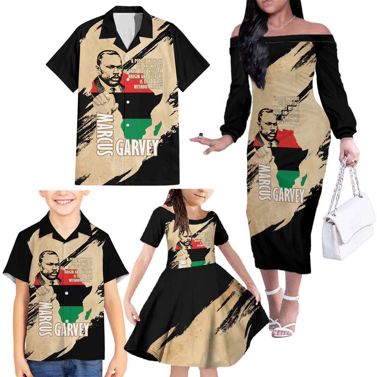 Marcus Garvey Day Family Matching Off The Shoulder Long Sleeve Dress and Hawaiian Shirt UNIA Flag Mix African Map - Wonder Print Shop