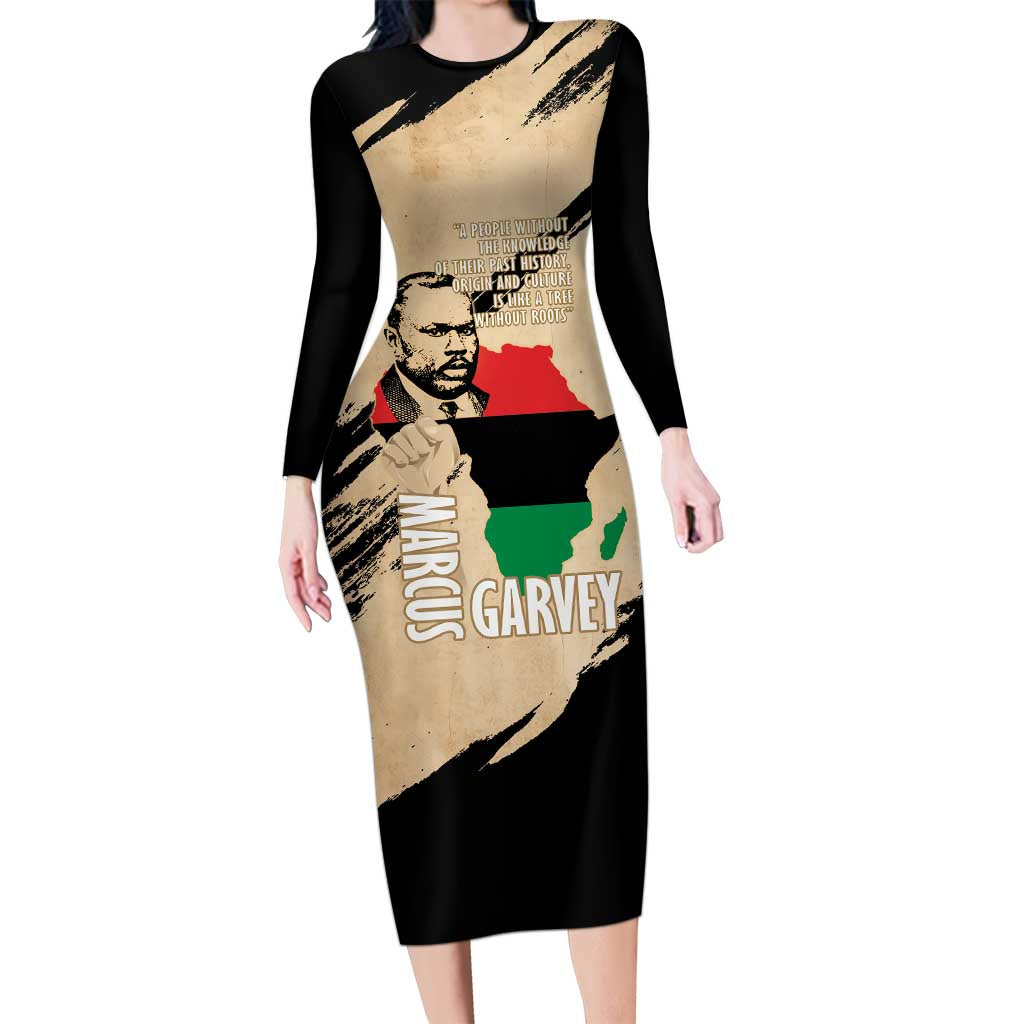 Marcus Garvey Day Long Sleeve Bodycon Dress UNIA Flag Mix African Map - Wonder Print Shop