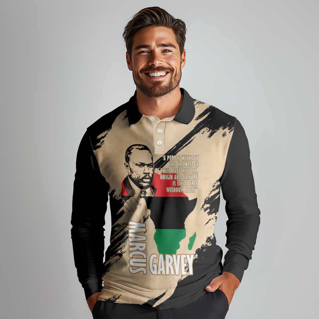Marcus Garvey Day Long Sleeve Polo Shirt UNIA Flag Mix African Map - Wonder Print Shop