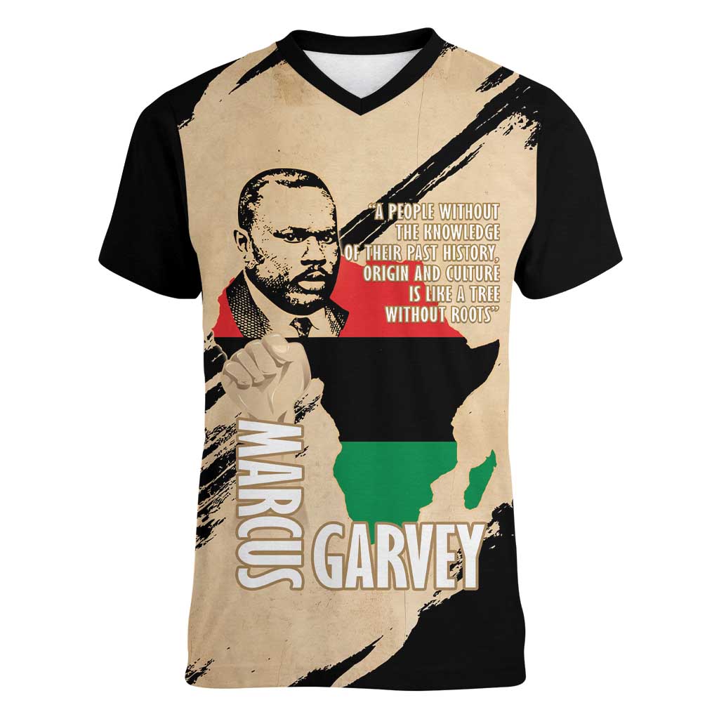 Marcus Garvey Day Women V-Neck T-Shirt UNIA Flag Mix African Map - Wonder Print Shop