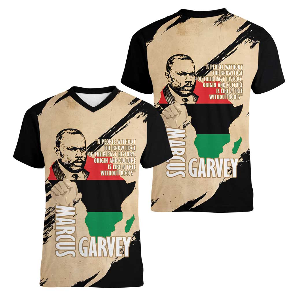 Marcus Garvey Day Women V-Neck T-Shirt UNIA Flag Mix African Map - Wonder Print Shop