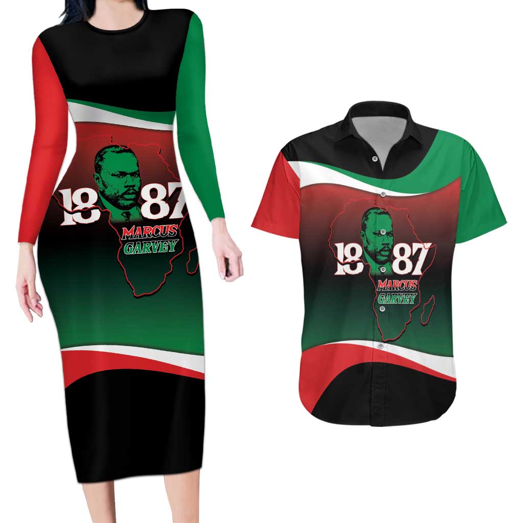 Marcus Garvey 1887 Couples Matching Long Sleeve Bodycon Dress and Hawaiian Shirt African Map Curves Style - Wonder Print Shop