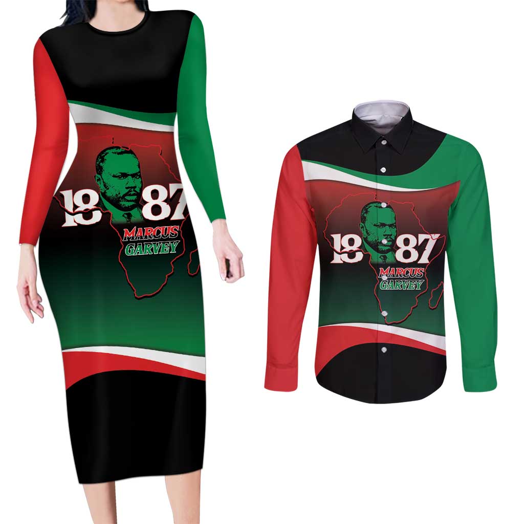 Marcus Garvey 1887 Couples Matching Long Sleeve Bodycon Dress and Long Sleeve Button Shirt African Map Curves Style - Wonder Print Shop