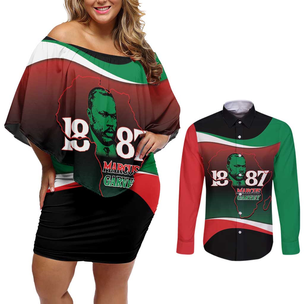 Marcus Garvey 1887 Couples Matching Off Shoulder Short Dress and Long Sleeve Button Shirt African Map Curves Style - Wonder Print Shop