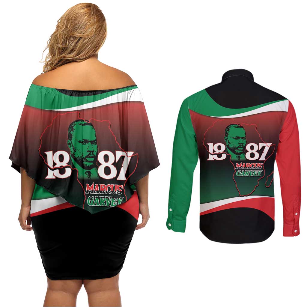 Marcus Garvey 1887 Couples Matching Off Shoulder Short Dress and Long Sleeve Button Shirt African Map Curves Style - Wonder Print Shop