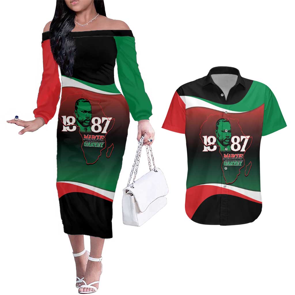 Marcus Garvey 1887 Couples Matching Off The Shoulder Long Sleeve Dress and Hawaiian Shirt African Map Curves Style - Wonder Print Shop