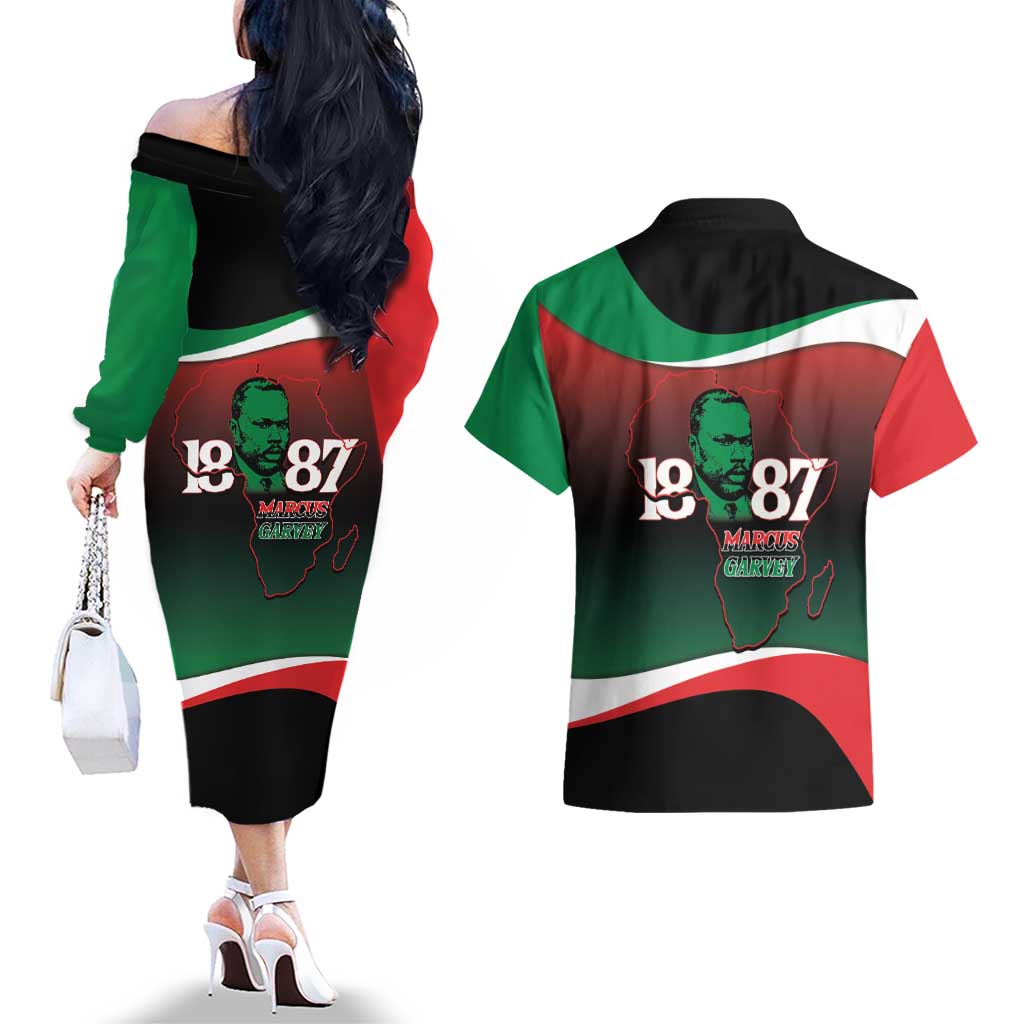 Marcus Garvey 1887 Couples Matching Off The Shoulder Long Sleeve Dress and Hawaiian Shirt African Map Curves Style - Wonder Print Shop
