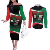Marcus Garvey 1887 Couples Matching Off The Shoulder Long Sleeve Dress and Long Sleeve Button Shirt African Map Curves Style - Wonder Print Shop