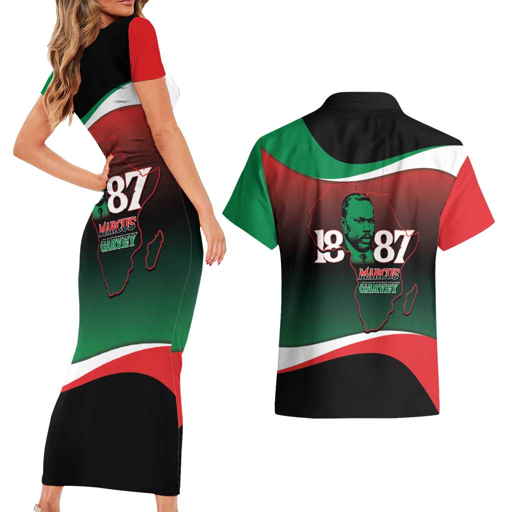 Marcus Garvey 1887 Couples Matching Short Sleeve Bodycon Dress and Hawaiian Shirt African Map Curves Style - Wonder Print Shop