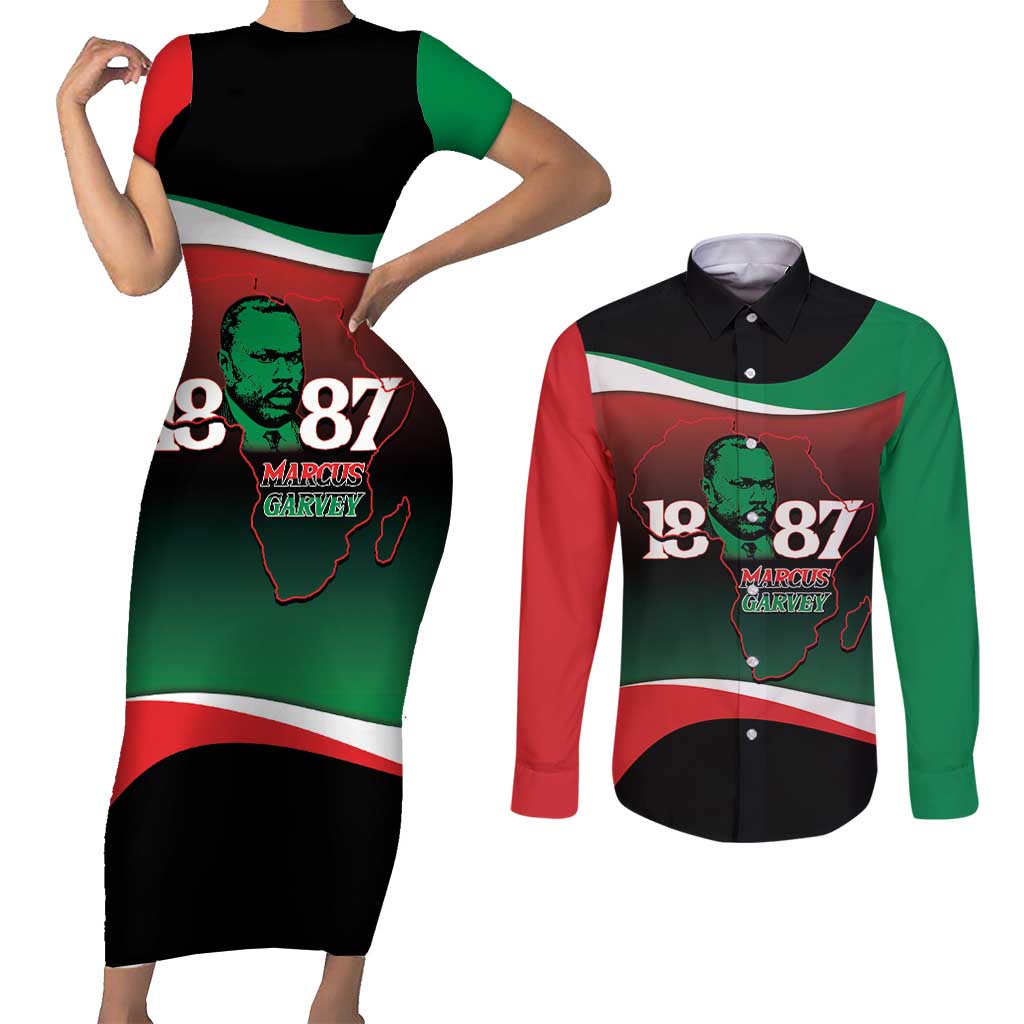 Marcus Garvey 1887 Couples Matching Short Sleeve Bodycon Dress and Long Sleeve Button Shirt African Map Curves Style - Wonder Print Shop