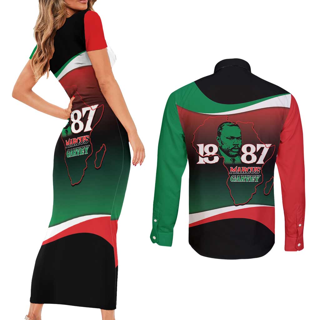Marcus Garvey 1887 Couples Matching Short Sleeve Bodycon Dress and Long Sleeve Button Shirt African Map Curves Style - Wonder Print Shop