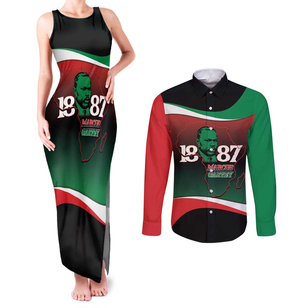 Marcus Garvey 1887 Couples Matching Tank Maxi Dress and Long Sleeve Button Shirt African Map Curves Style - Wonder Print Shop