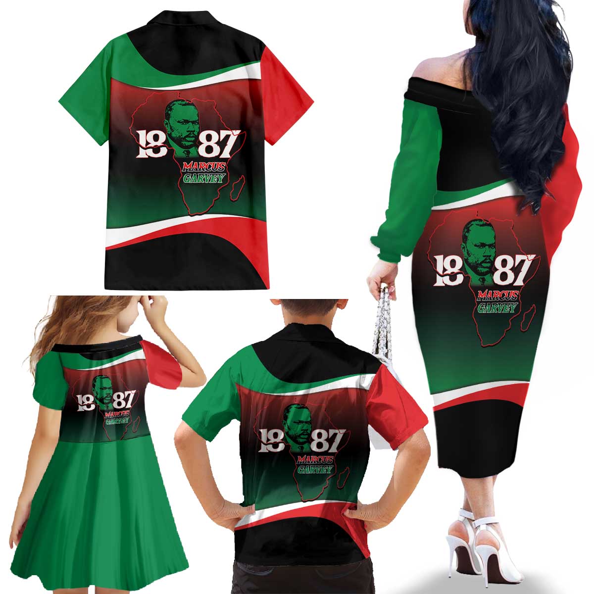 Marcus Garvey 1887 Family Matching Off The Shoulder Long Sleeve Dress and Hawaiian Shirt African Map Curves Style - Wonder Print Shop