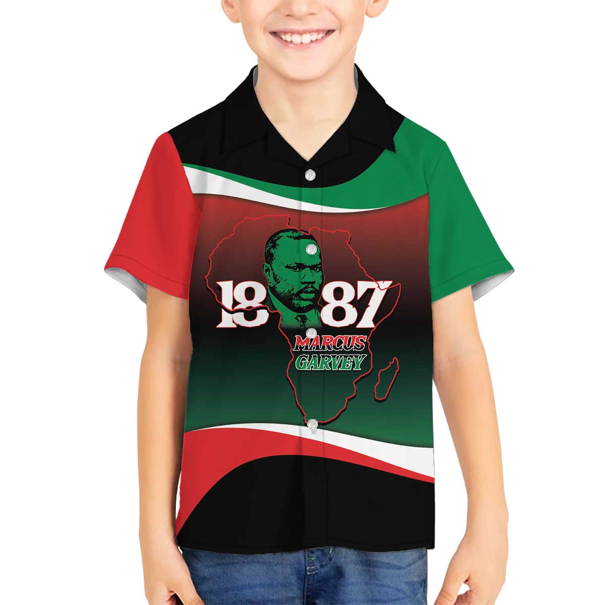 Marcus Garvey 1887 Family Matching Off The Shoulder Long Sleeve Dress and Hawaiian Shirt African Map Curves Style - Wonder Print Shop