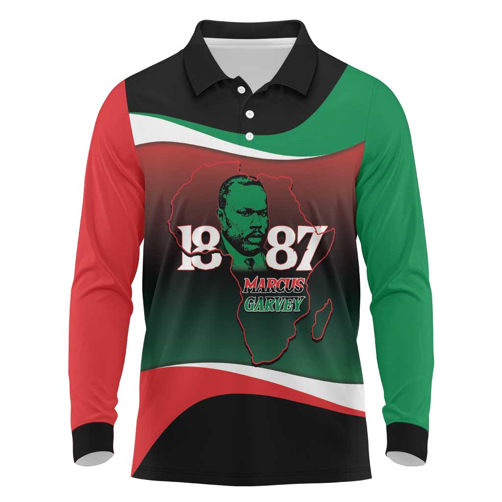 Marcus Garvey 1887 Long Sleeve Polo Shirt African Map Curves Style - Wonder Print Shop