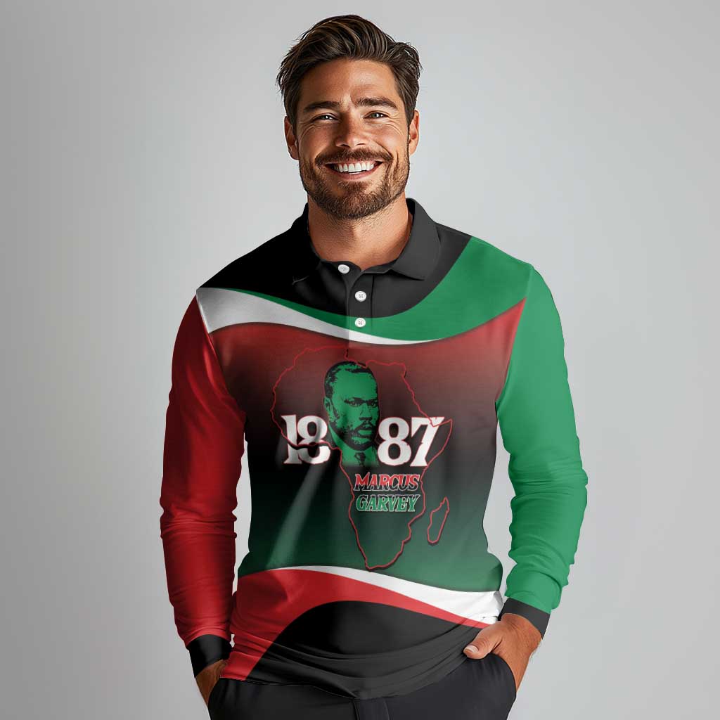Marcus Garvey 1887 Long Sleeve Polo Shirt African Map Curves Style - Wonder Print Shop