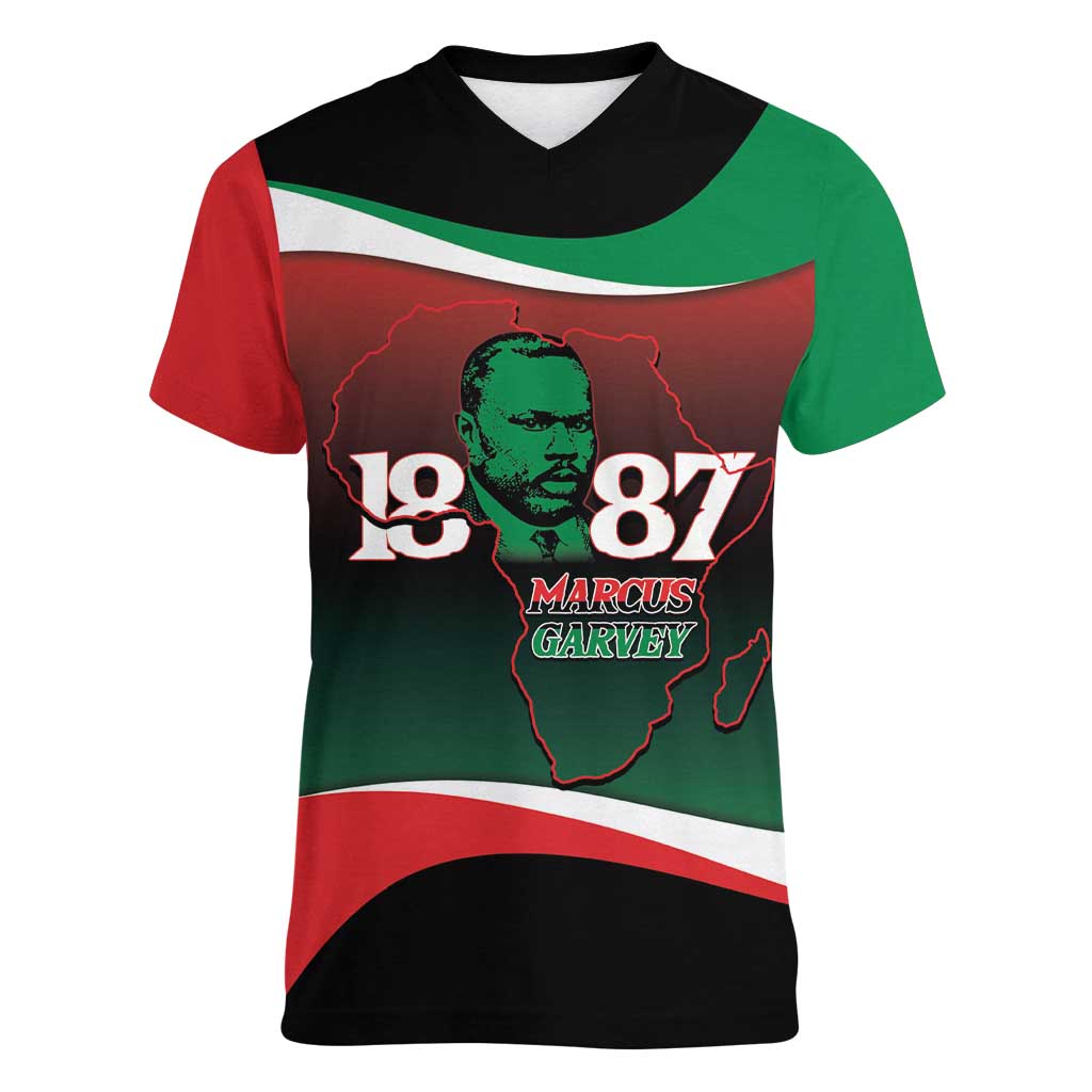 Marcus Garvey 1887 Women V-Neck T-Shirt African Map Curves Style - Wonder Print Shop