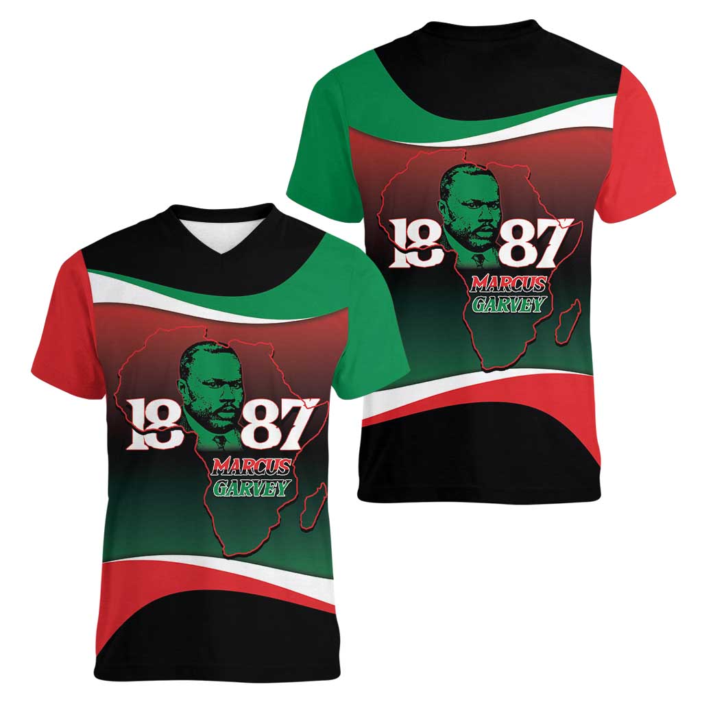Marcus Garvey 1887 Women V-Neck T-Shirt African Map Curves Style - Wonder Print Shop