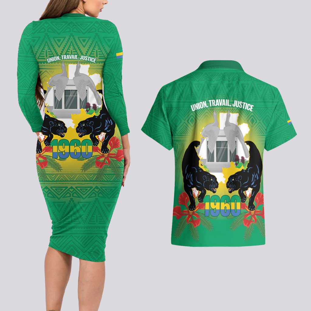 Gabon Independence Day Couples Matching Long Sleeve Bodycon Dress and Hawaiian Shirt Memorial Leon Mba Monument - Wonder Print Shop
