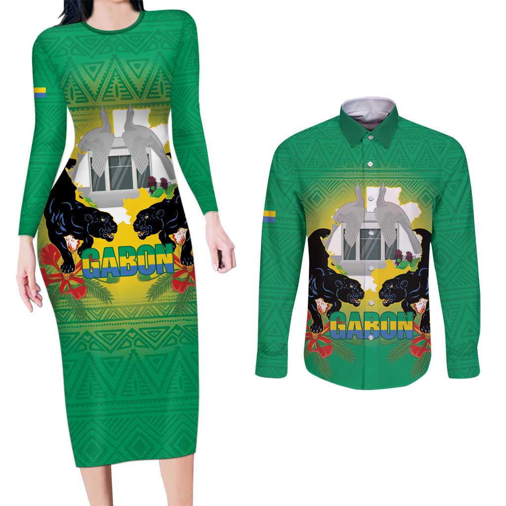 Gabon Independence Day Couples Matching Long Sleeve Bodycon Dress and Long Sleeve Button Shirt Memorial Leon Mba Monument - Wonder Print Shop