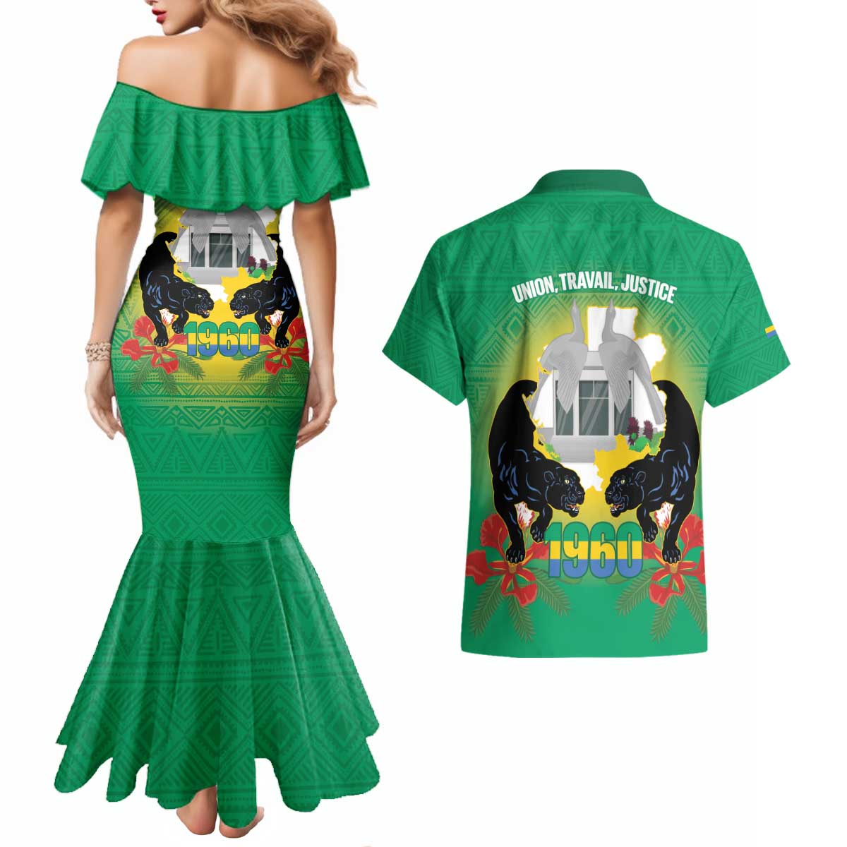 Gabon Independence Day Couples Matching Mermaid Dress and Hawaiian Shirt Memorial Leon Mba Monument - Wonder Print Shop