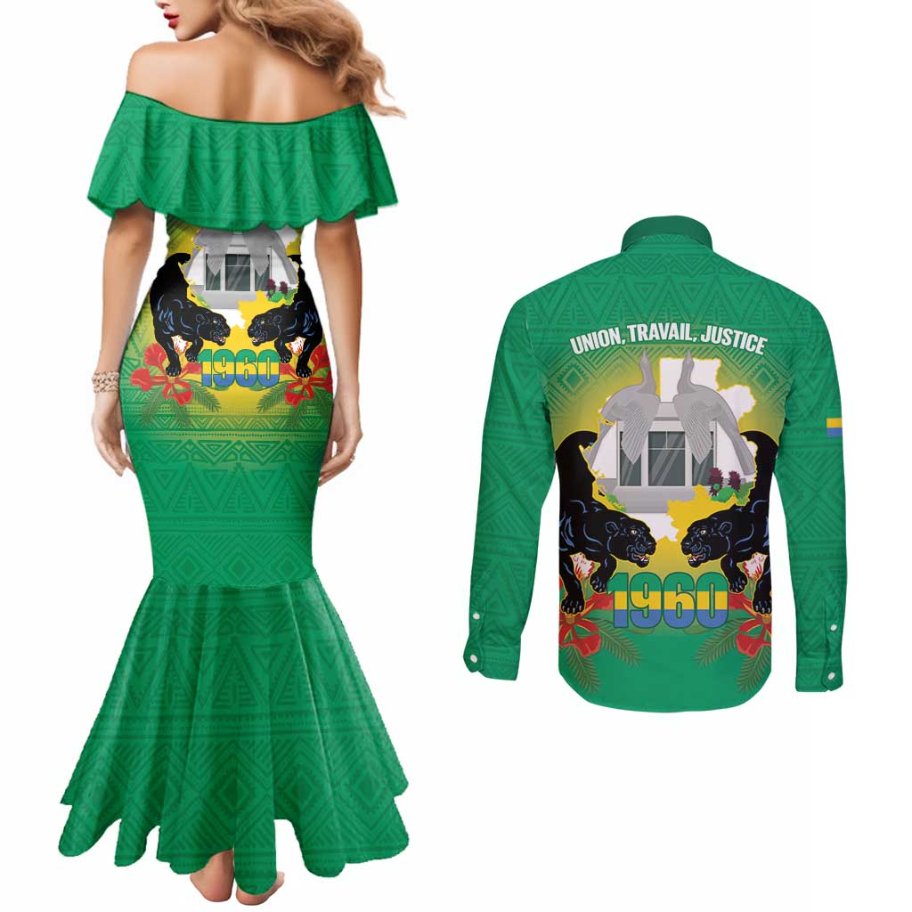 Gabon Independence Day Couples Matching Mermaid Dress and Long Sleeve Button Shirt Memorial Leon Mba Monument - Wonder Print Shop