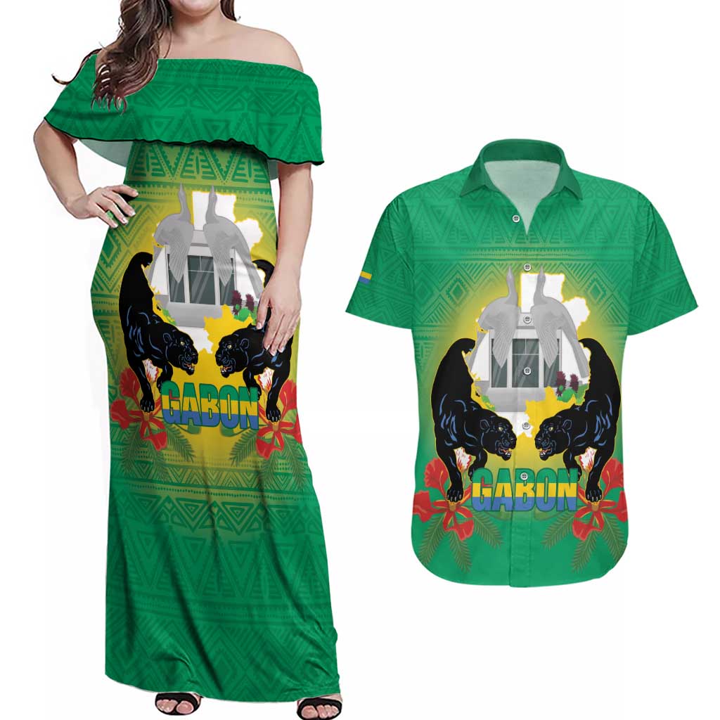 Gabon Independence Day Couples Matching Off Shoulder Maxi Dress and Hawaiian Shirt Memorial Leon Mba Monument - Wonder Print Shop