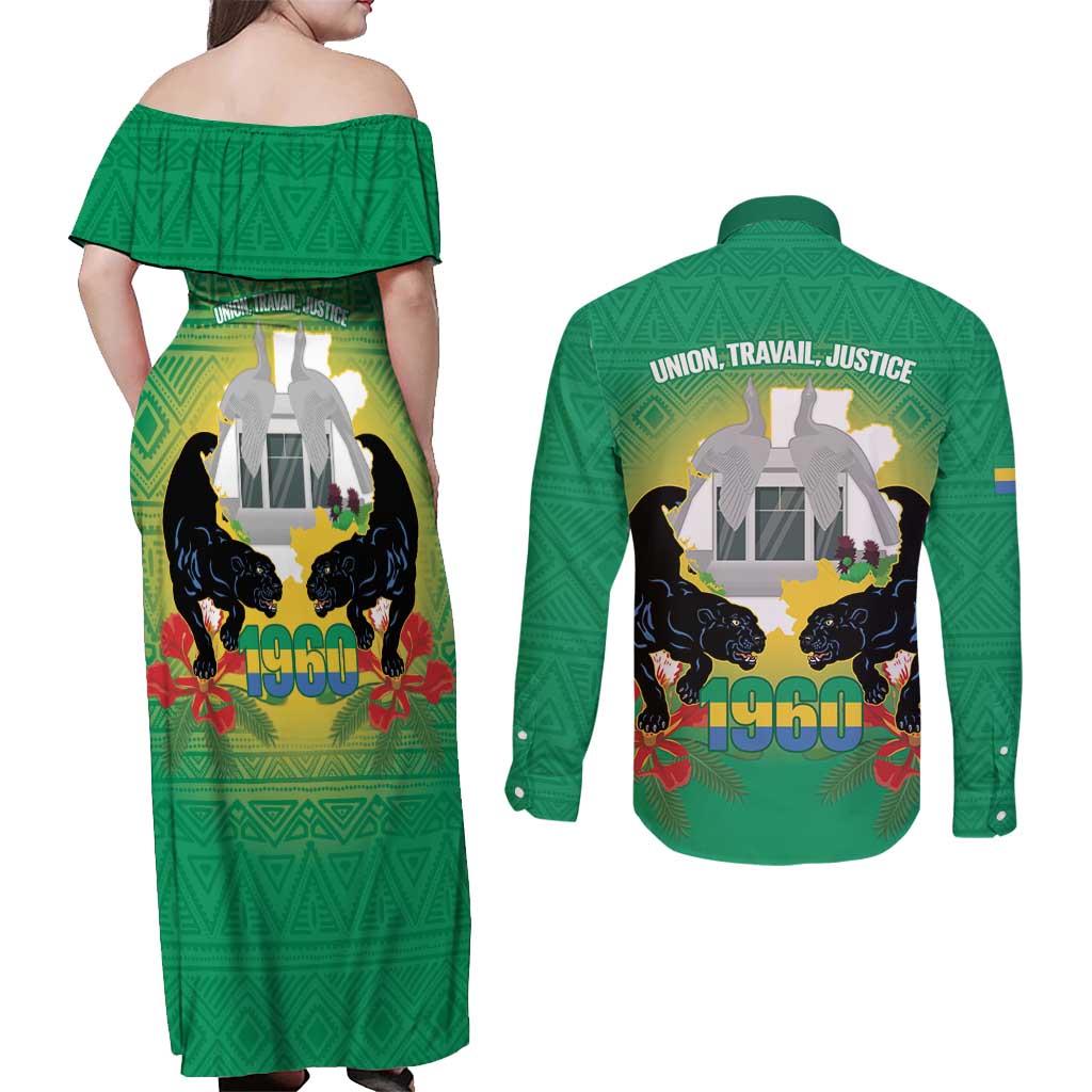 Gabon Independence Day Couples Matching Off Shoulder Maxi Dress and Long Sleeve Button Shirt Memorial Leon Mba Monument - Wonder Print Shop